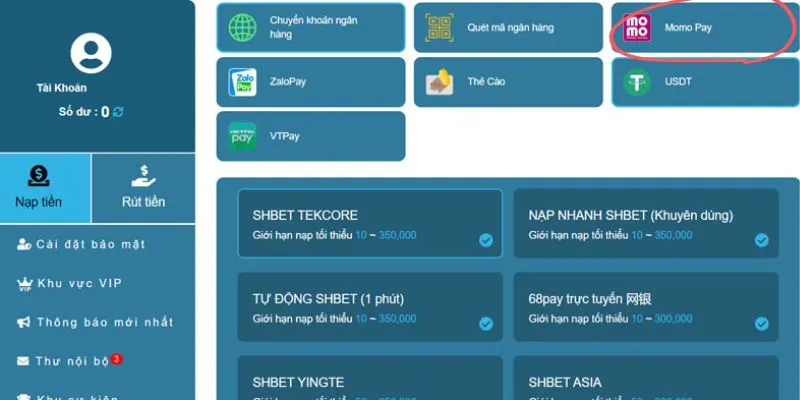 Nạp tiền bằng ví điện tử vào tài khoản shbet